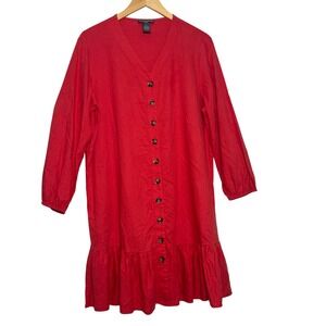 Chelsea & Theodore XL Pink Dress Button Front‎ 3/4 Sleeve Ruffle Hem Linen Blend